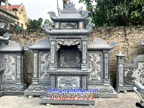 Mẫu lăng thờ cánh đá 2 mái lá chạm hạc đẹp